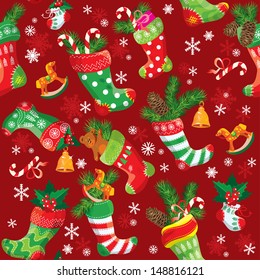 X-mas and New Year background with Christmas stockings. Seamless pattern for holiday design.