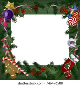 Xmas and  New Year banner and greeting card. White sheet on green wood table among the Christmas decorations. Vector illustration