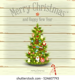 Xmas and New Year Card. Decorated Christmas Tree on Vintage White Wooden Background. Vector illustration