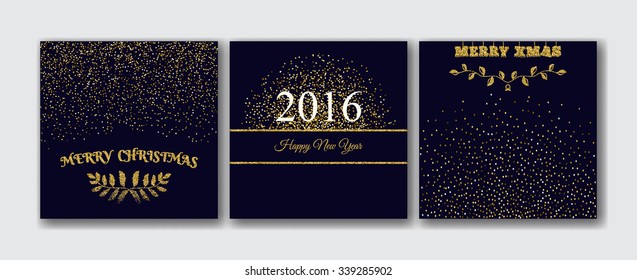 Xmas, new year card templates set. Abstract  golden confetti background.