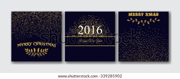 Xmas, new year card templates set. Abstract \
golden confetti\
background.
