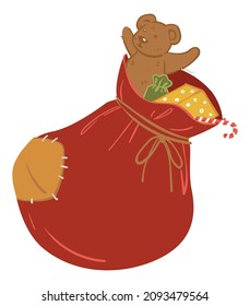 Xmas and new year celebration and congrats, isolated sack with patch full of present for children. Toys and sweets for kids. Plush bear and box in wrapping paper, traditional lollipop. Vector in flat
