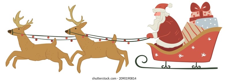 Xmas and new year celebration and fun, isolated Christmas character with presents in sleigh and north reindeers delivering gifts for children. Saint Nicholas or father frost. Vector in flat style