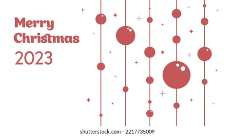Xmas and new year celebration, merry Christmas 2023 greeting card with text and decorative baubles hanging on thread. Balls decoration for tree, winter season occasions. Vector in flat style
