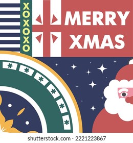 Xmas and new year celebration, merry Christmas, fun during winter season. Santa Claus and present with red ribbons, shining glowing stars at night sky. Saint Nicholas character. Vector in flat style