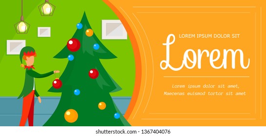Xmas or New Year Character in Cute Elf Costume Decorating Christmas Tree with Balls Indoor. Invitation, Greeting Card Template or Festive Poster. Cartoon Flat Vector Illustration. Horizontal Banner