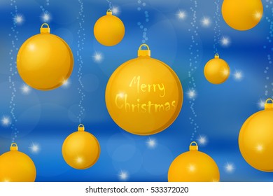Xmas and New Year concept background. Gold christmas balls on shining cyan background. Vector illustrations