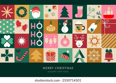 Xmas and New Year creative geometric background pattern of abstract holiday icons and elements.Vector