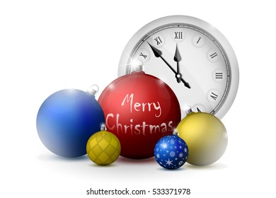 Xmas and New Year decorations. Multicolored christmas balls with silver holders and vintage watch. Set of isolated realistic objects isolated. Vector illustrations