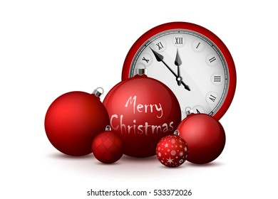 Xmas and New Year decorations. Red christmas balls with silver holders and vintage watch. Set of isolated realistic objects isolated. Vector illustrations