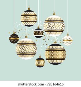 Xmas and new year fancy decoration elements for card, invitation, header. Gold metal bauble ornament vector illustration on pale color. Merry Christmas and Happy New Year card with gold, white balls
