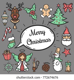 X-mas new year greeting card set. Cartoon vector christmas elements. Vintage illustration. Winter holiday icon