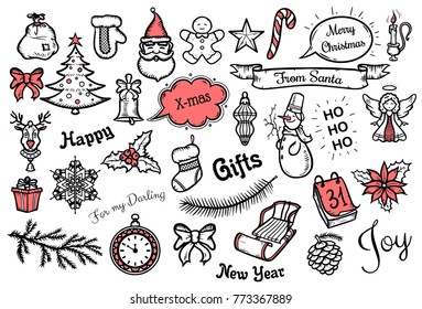 X-mas new year greeting card set. Cartoon vector christmas elements. Vintage illustration. Winter holiday icon