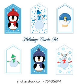 Xmas and New Year holidays cards with cute penguins and snowmen.