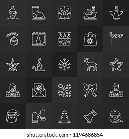 Xmas and new year icons. Vector collection of Christmas outline signs on dark background