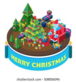 Xmas and New Year Isometric Set: celebration, gift, box, illustration, claus, winter, merry, year, new, christmas, card, cute, santa, snow, happy