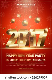 Xmas and New Year party club poster. 2017 3d typography. Modern design for a holiday party. Red and Gold colors. Eps10 vector template.