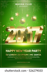 Xmas and New Year party club poster. 2017 3d typography. Modern design for a holiday party. Green and Gold colors. Eps10 vector template.