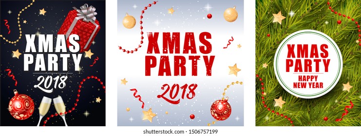 Xmas and New Year party flyers set. Text with Christmas gifts and baubles on fir branches and black backgrounds. Vector illustration used for festive banners, posters, invitation cards