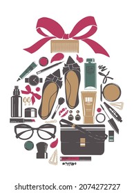 Xmas or new year presents for women, isolated elegant pack of clothes and accessories for ladies. Isolated bag and shoes, lotions and cosmetics, glasses and makeup brushes. Vector in flat style