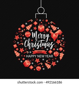  Xmas and New Year red metallic greeting card, invitation, flyes, banner, background. Christmas holiday elements - star, confetti, ball, noel, rooster.  Origami paper style.