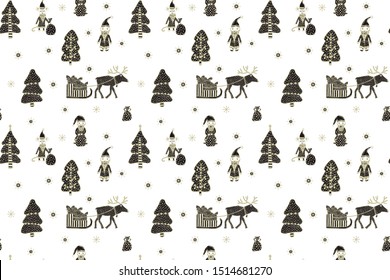 Xmas and New Year seamless pattern from hand drawn deer pulled in a sleigh with gifts, Santa Claus, rats, Christmas trees and snowflakes on a white background. Scandinavian style. Vector.

