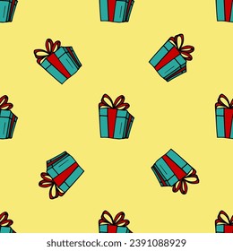 Xmas and New Year seamless pattern with sweet gifts boxes on the light yellow background.