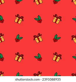 Xmas and New Year seamless pattern with gifts and flowers on the red background.