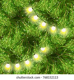 Xmas and New Year seamless pattern. Christmas lights on pine branches. Garland lights decorations, spruce fir tree, snowflakes. Winter holiday xmas backdrop. 