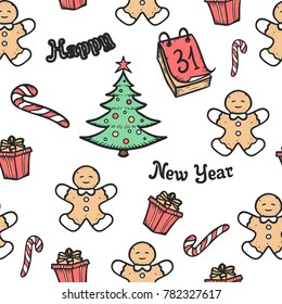 X-mas new year seamless pattern. Cartoon vector christmas new year  background . Vintage vector illustration. Winter holiday