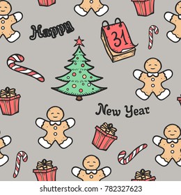 X-mas new year seamless pattern. Cartoon vector christmas new year  background . Vintage vector illustration. Winter holiday
