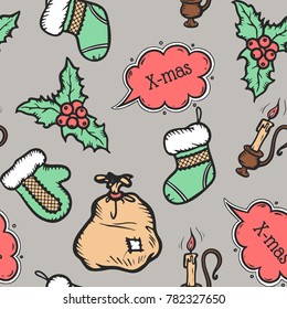 X-mas new year seamless pattern. Cartoon vector christmas new year  background . Vintage vector illustration. Winter holiday