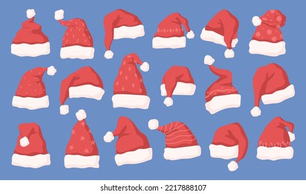 Xmas and new year symbol isolated Santa Claus hats with different prints and patterns. Merry christmas celebration, part of costume. Vector in flat cartoon style