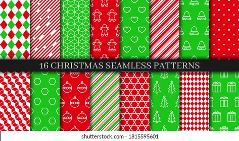 Xmas New year texture. Christmas seamless patterns collection. Festive seamless background with holly, bells, snowflakes, candycane lollipop and geometric ornament. Holiday wrapping paper. Vector