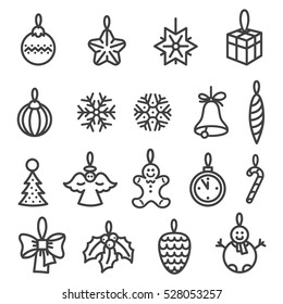 Xmas and new year tree decorations. Set of outline icons.
Black line icon isolated on white.