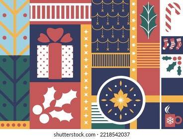 Xmas and new year, winter holiday celebration. Christmas presents and boxes with ribbons. Garlands and mistletoe with berries and leaves. Mug with hot drink. Vector in flat style illustration