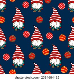 Xmas and New Year's seamless pattern with dwarfs and balls on a dark blue background