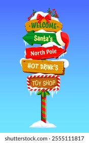 Xmas north pole sign board, Christmas wooden signage featuring holiday destinations to Santa, hot drinks and toy shop. Festive signpost adorned with red bow, icicles, holly berries and snowcaps