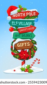 Xmas North Pole sign board or wooden Christmas signage for winter holiday, cartoon vector. Christmas signboard or signpost with arrow direction to Santa house, elf village or gifts shop and hot drinks