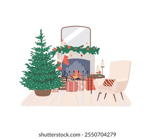 Xmas ornament, festive fireside, decorated fir tree with gifts. Cozy livingroom, Christmas fireplace decorated with socks and candles. Vector illustration isolated on white background