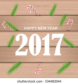 XMas Ornaments with 2017 Happy New Year Celebration Design, Merry Christmas Greeting Card Design.  Wooden Background, Flyer, Poster. Realistic Vector Wood Postcard Template