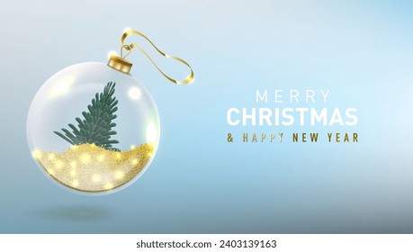 Xmas Ornaments Glass Ball With Christmas Tree Banner Template. EPS10 Vector