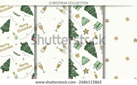 Xmas ornaments. Set of Christmas patterns with cute chalk doodles and text Merry Christmas. Crayon style. Seamless backgrounds.