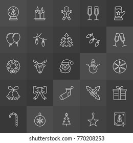 Xmas outline icons. Vector Christmas minimal linear signs on dark background
