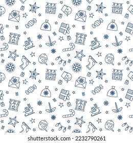 Xmas outline minimal seamless pattern - Christmas concept vector background in outline style