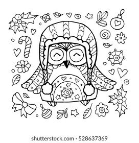 Xmas owl. Merry Christmas. Cute boho, bohemia bird, holly berry, candy cane. Set collection. Vector illustration, line artwork. Black and white. Coloring book page for adult. Hand drawn, gift card