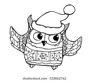 Xmas owl. Merry Christmas. Cute boho, bohemia bird with Santa Claus hat. Vector illustration, line artwork, tattoo. Black and white. Coloring book page for adult. Hand drawn, gift card