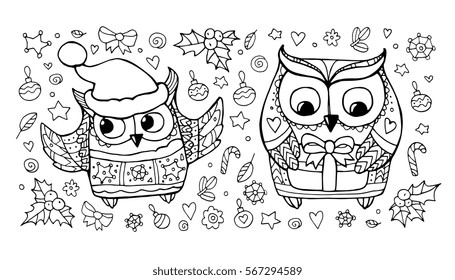 Xmas owls. Christmas set collection. Vector illustration. Black and white. Coloring book page for adult. Cute boho, bohemia bird, holly berry, candy cane. Hand drawn artwork, greeting gift card.