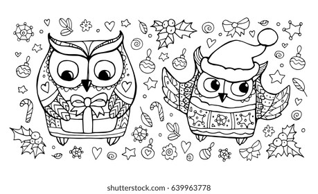Xmas owls. Christmas set collection. Vector illustration. Black and white. Coloring book page for adult. Cute boho, bohemia bird, holly berry, candy cane. Hand drawn artwork, greeting gift card.