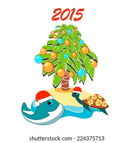 Xmas palm tree, island, funny whale and turtle . Vector illustration